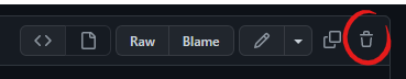 A screenshot of the top right corner of each GitHub file. It shows a menu of icons, with the last icon, which is circled here in red, being a trash can.