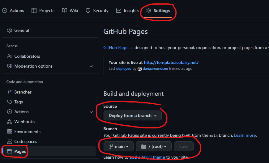 A screenshot showing the settings described above. You will find the repository settings in the top menu of your repository, and the pages settings will be in the left hand menu of the settings page. Under 'Build and Development' you will set the source to 'Deploy from Branch' and the branch to 'main' 'root' then hit 'save'.