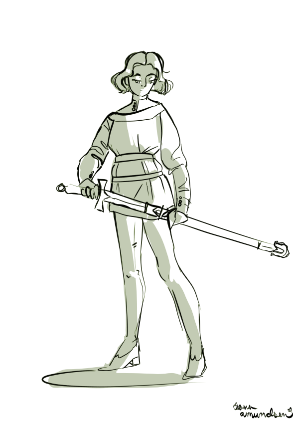 A sketch of a woman in a Medievan tunic and leggings drawing a sword.