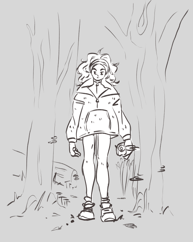 A digital sketch of a woman in warm clothing in the woods.